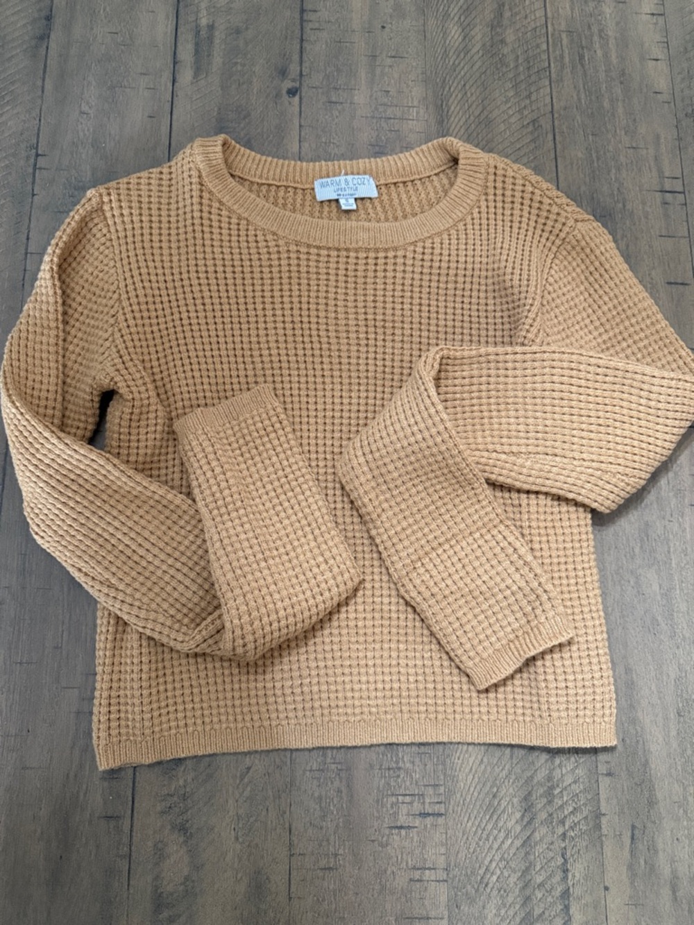 Women's Tan Waffle-Knit Crewneck Sweater